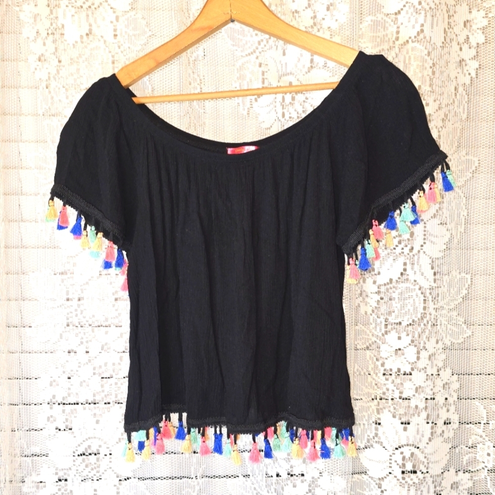 Social Teen, Black Cropped Top With Colorful Tassels, Large, Off The Shoulder